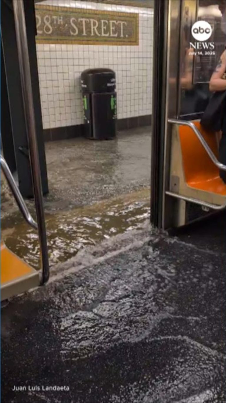 WATCH:  New York City subway train and platform flooded as storms hit the Northeast
